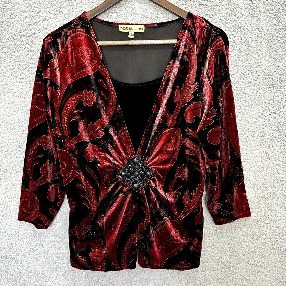 Notations Velvet Paisley Print Top Womens Large Beaded Accent Boho Whimsigoth